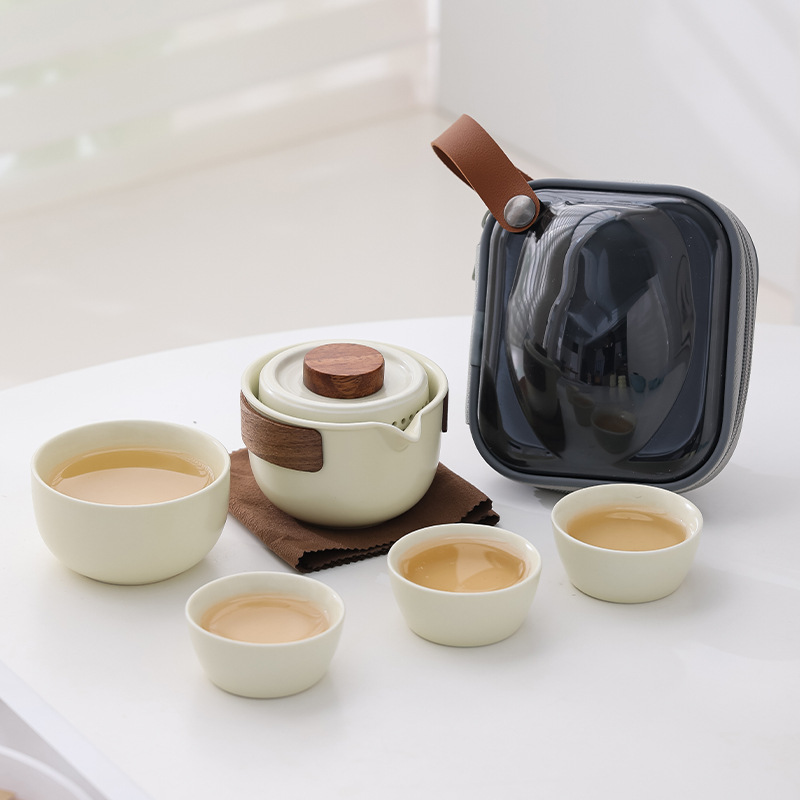 旅行茶具套裝簡約戶外便攜式陶瓷快客杯一壺四杯辦公室功夫泡茶壺 定制LOGO