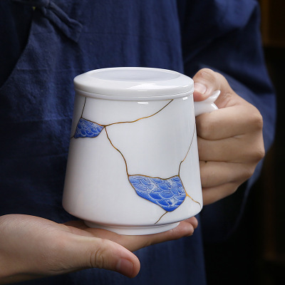 德化白玉瓷辦公杯羊脂玉陶瓷描金高檔禮品馬克杯飲水杯帶內膽過濾