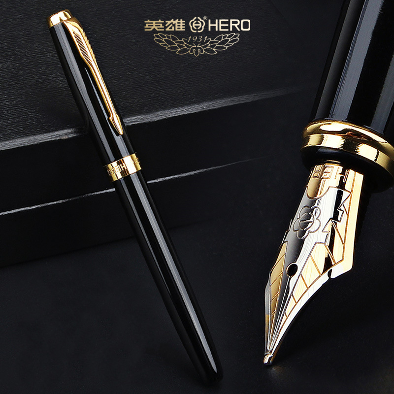 英雄（HERO）钢笔礼盒 1502（F+美工）双笔头铱金商务墨水套装 铁盒装 黑砂 JD